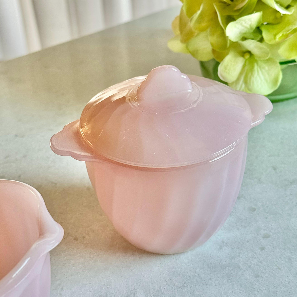 Vintage Anchor Hocking Fire King Pink Swirl Covered Sugar and Creamer Set