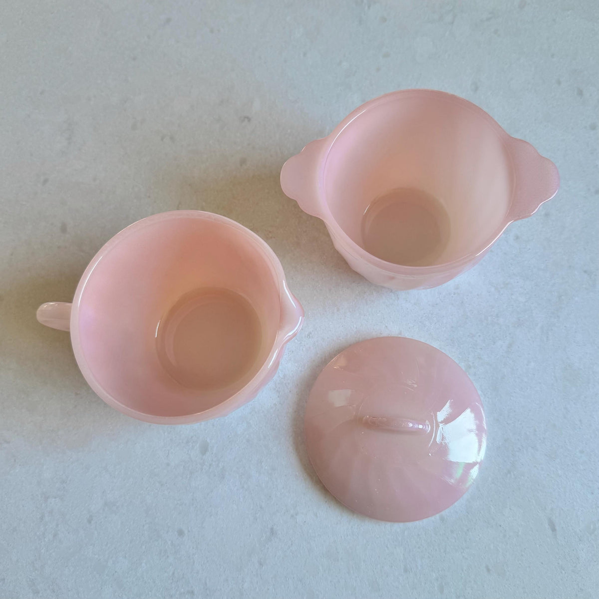 Vintage Anchor Hocking Fire King Pink Swirl Covered Sugar and Creamer Set
