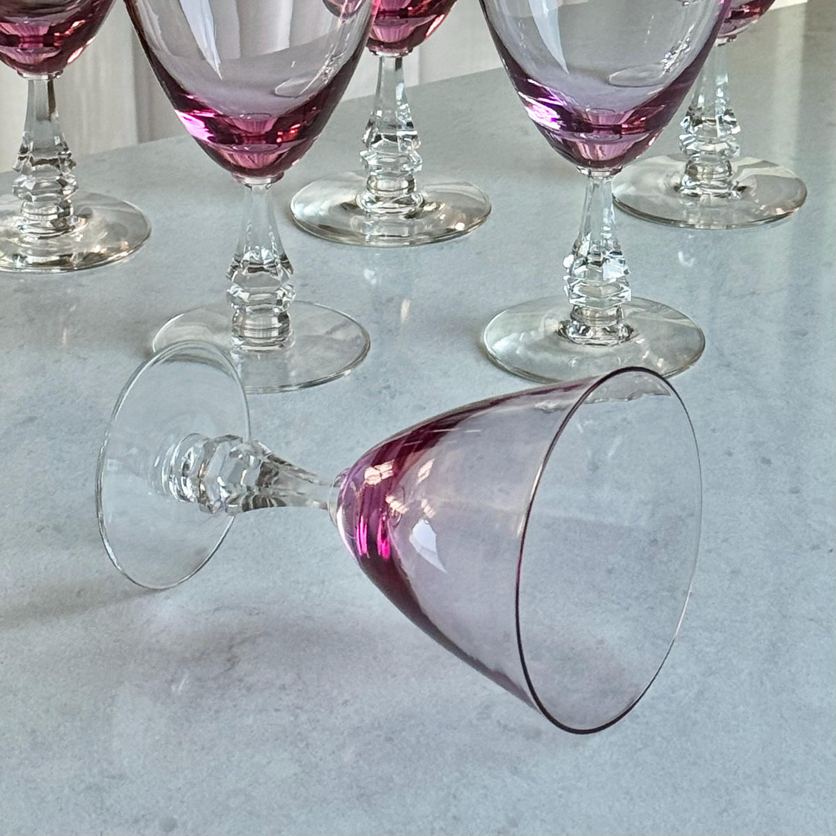 Vintage Tiffin Franciscan Wisteria Pink Glasses with Hexagonal Stem #17477 (circa 1950 - 1967) - Set of 7