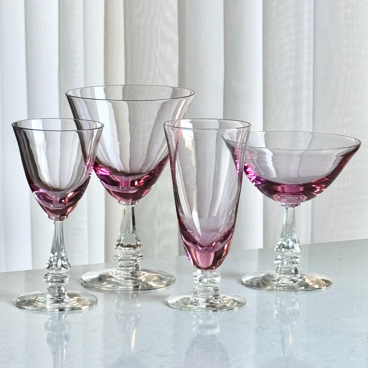 Vintage Tiffin Franciscan Wisteria Pink Glasses with Hexagonal Stem #17477 (circa 1950 - 1967) - Set of 7