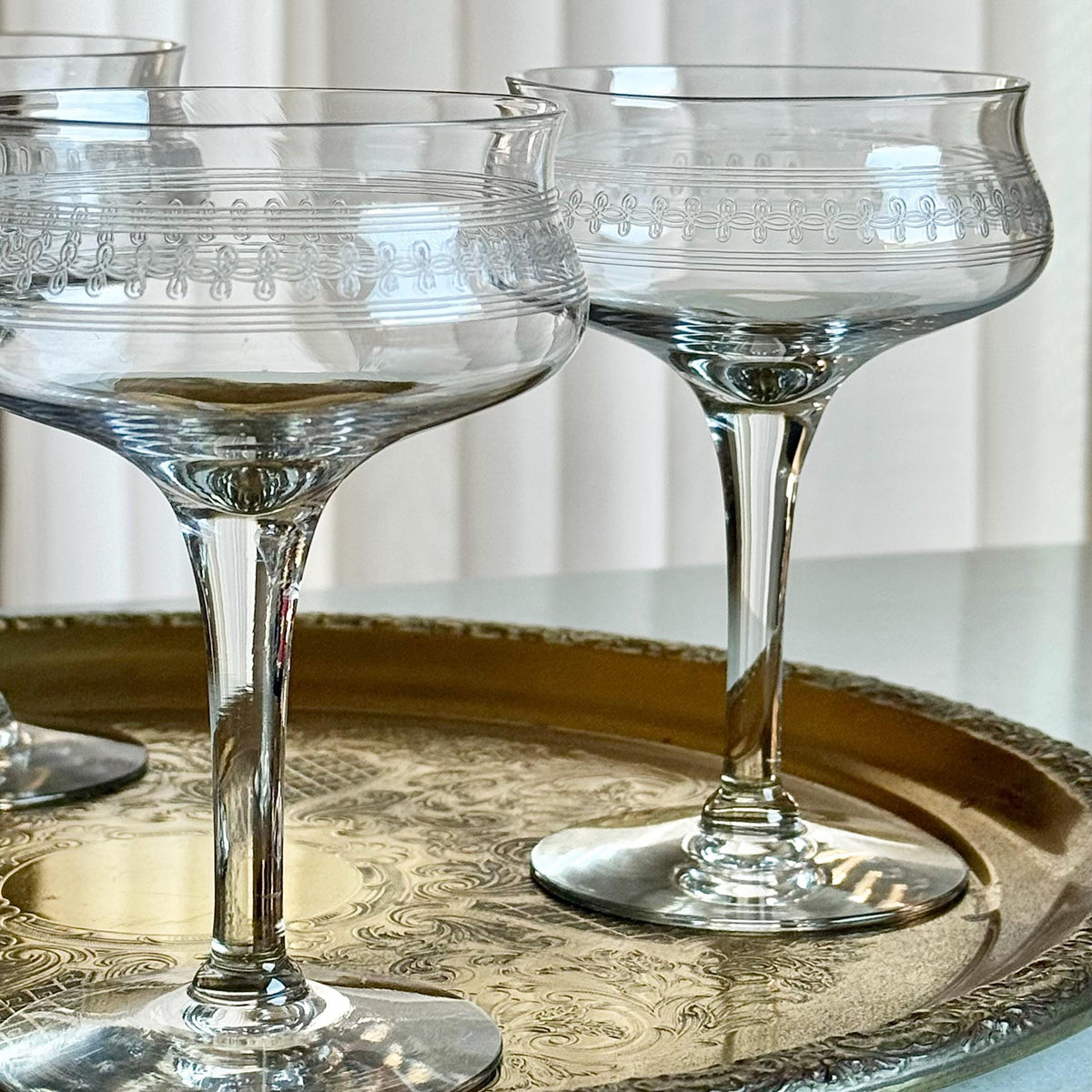 Vintage Tiffin Franciscan Needle Etched Champagne Coupes / Cocktail Glasses - Set of 6