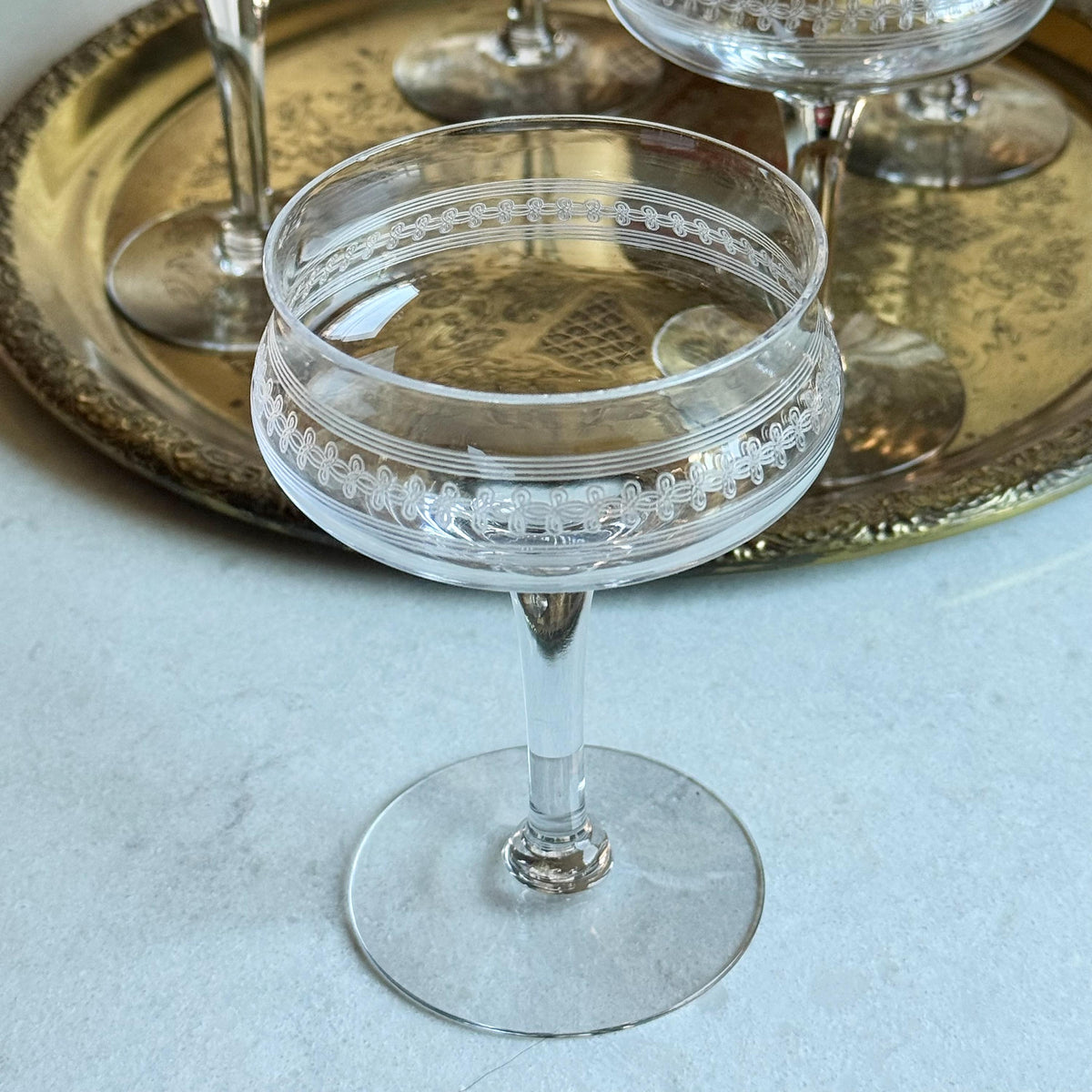 Vintage Tiffin Franciscan Needle Etched Champagne Coupes / Cocktail Glasses - Set of 6