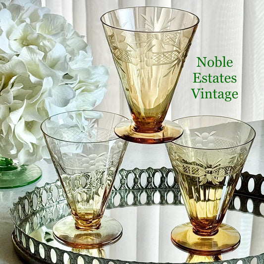 Vintage Etched Optic Panel Amber Footed Tumblers - Set of 3 Glasses