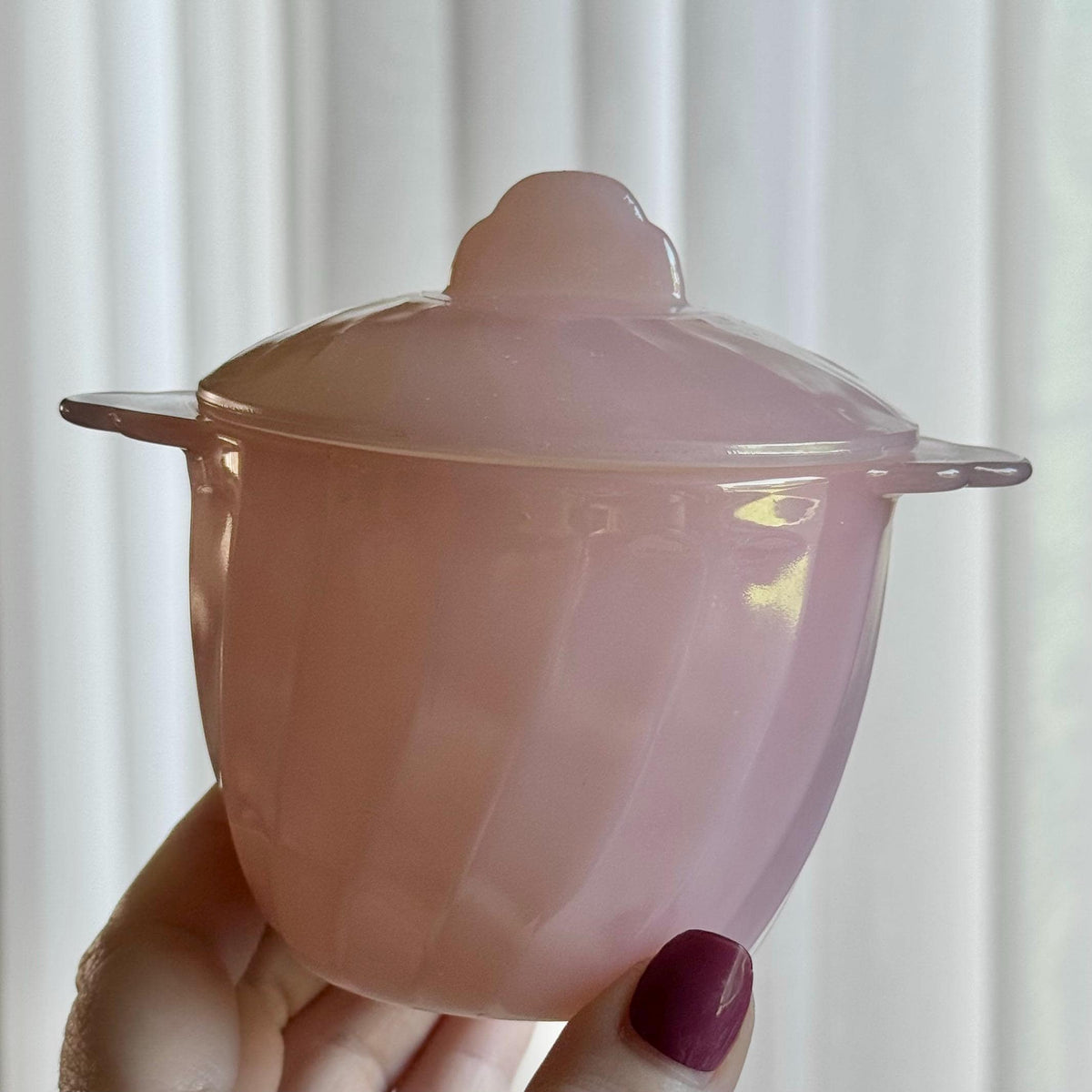 Vintage Anchor Hocking Fire King Pink Swirl Covered Sugar and Creamer Set