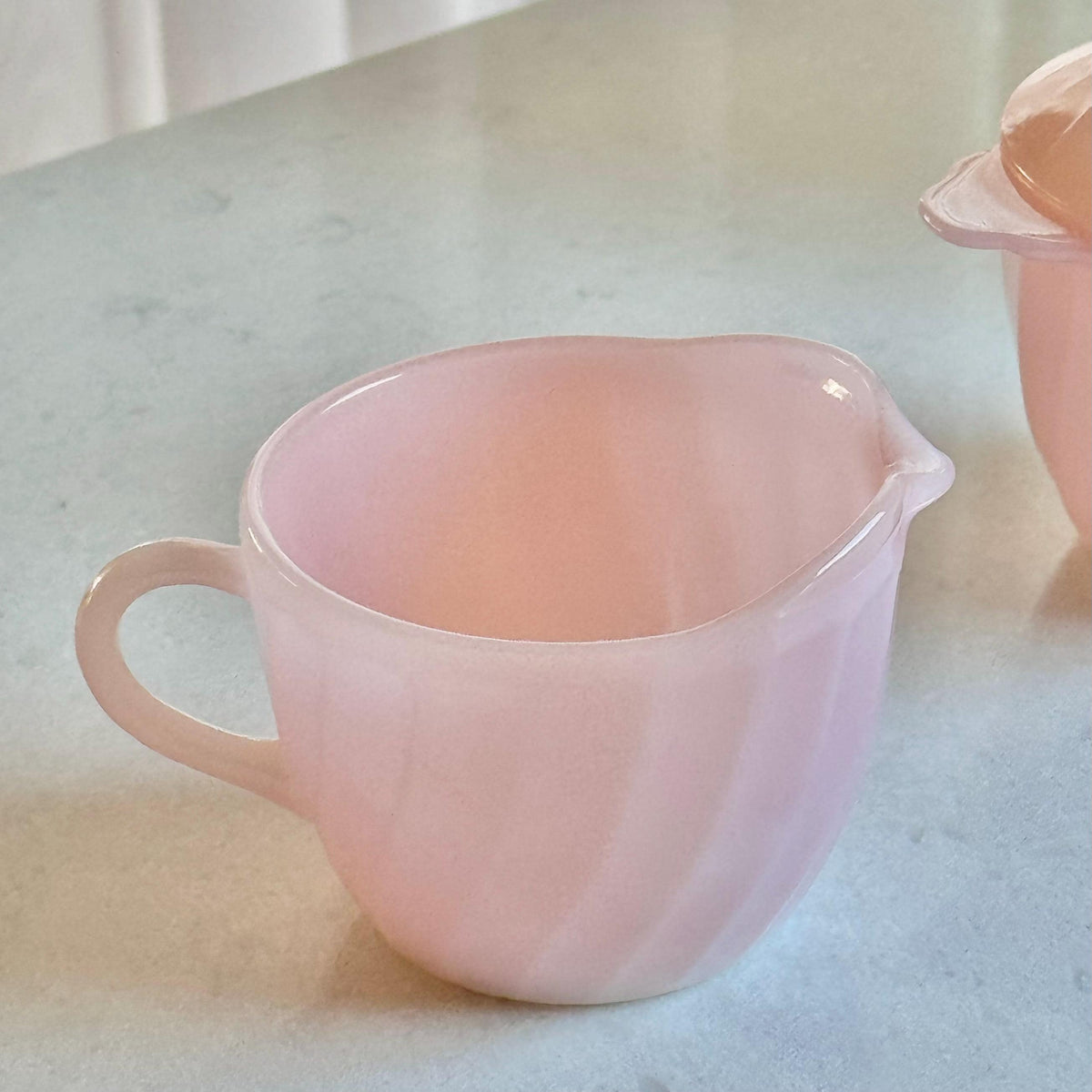 Vintage Anchor Hocking Fire King Pink Swirl Covered Sugar and Creamer Set