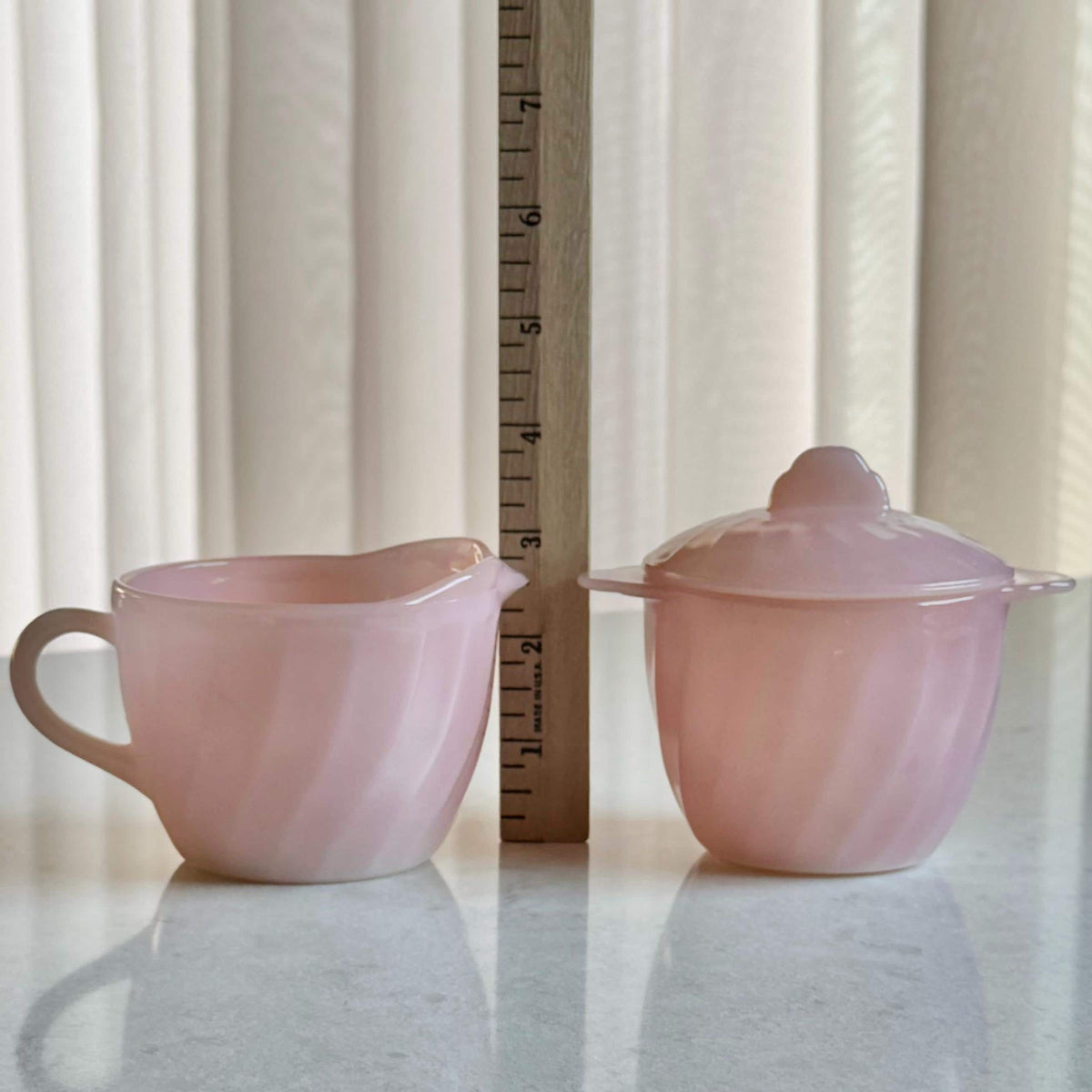 Vintage Anchor Hocking Fire King Pink Swirl Covered Sugar and Creamer Set