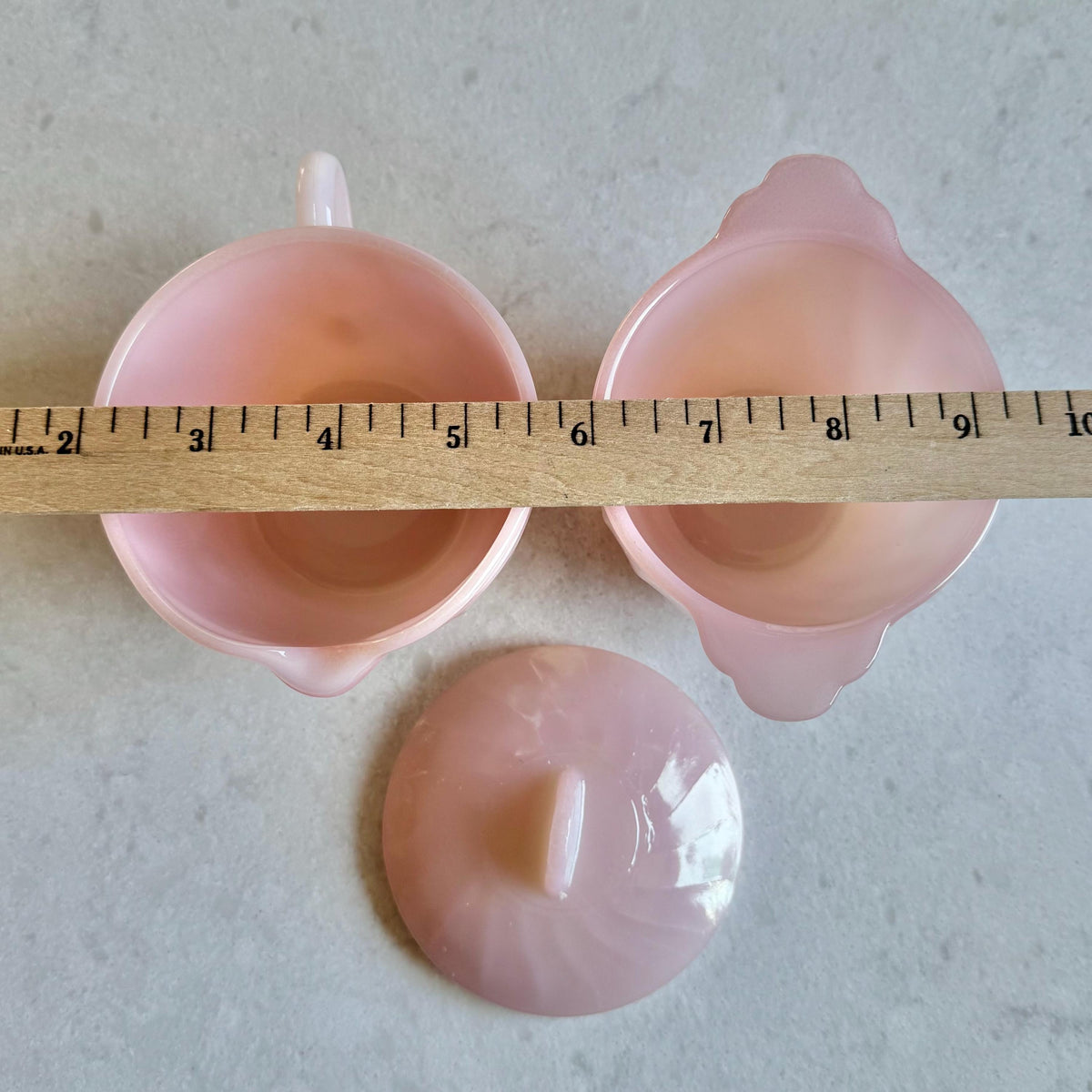Vintage Anchor Hocking Fire King Pink Swirl Covered Sugar and Creamer Set