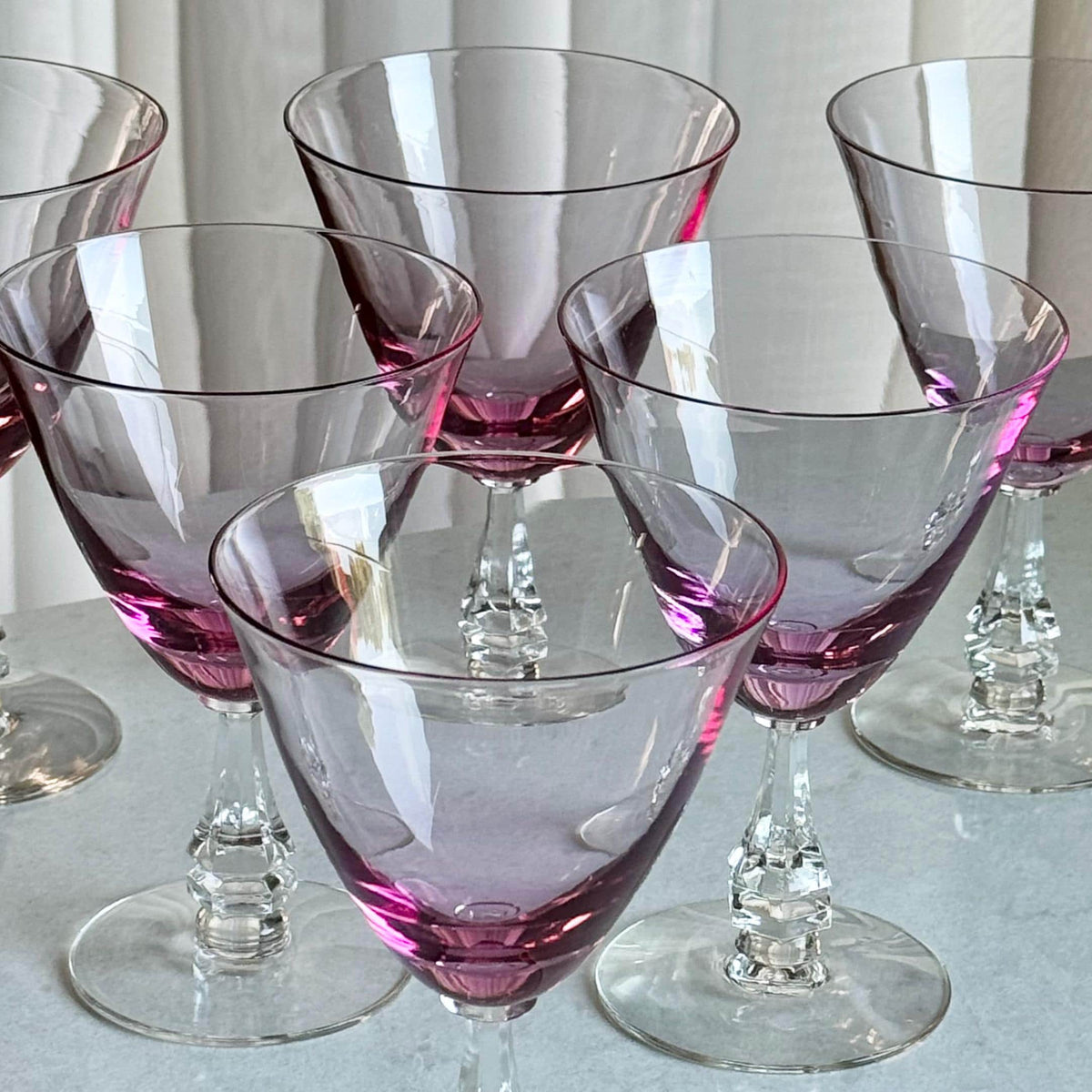 Vintage Tiffin Franciscan Wisteria Pink Glasses with Hexagonal Stem #17477 (circa 1950 - 1967) - Set of 7