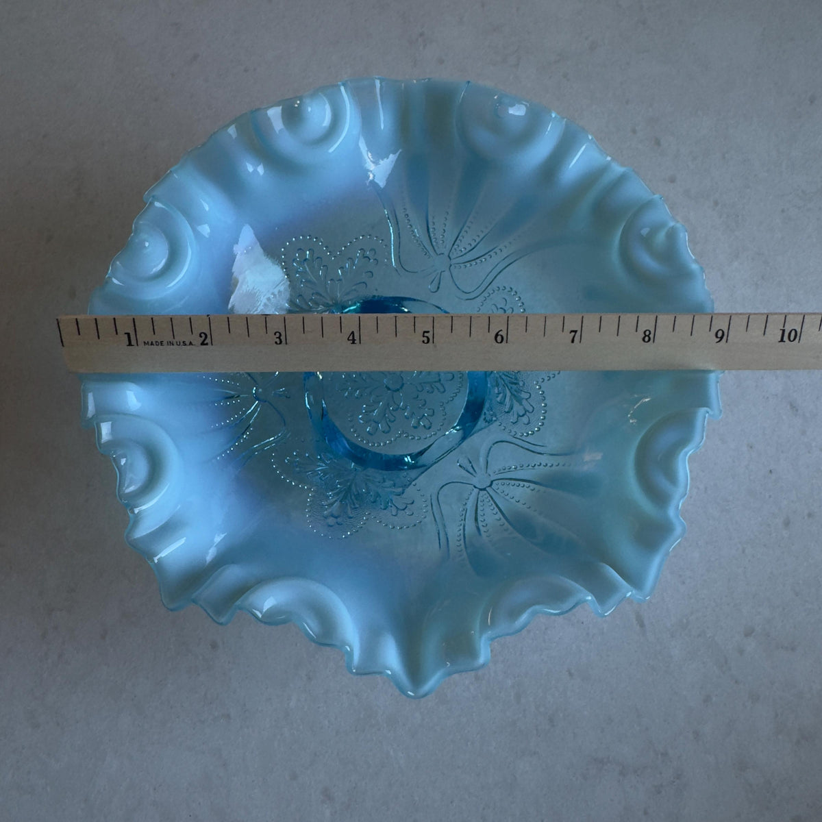Antique Jefferson Glass Meander Tri-Toed Blue Opalescent Ruffled Bowl (circa 1900 - 1910)