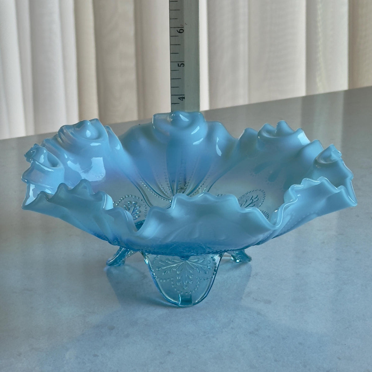 Antique Jefferson Glass Meander Tri-Toed Blue Opalescent Ruffled Bowl (circa 1900 - 1910)
