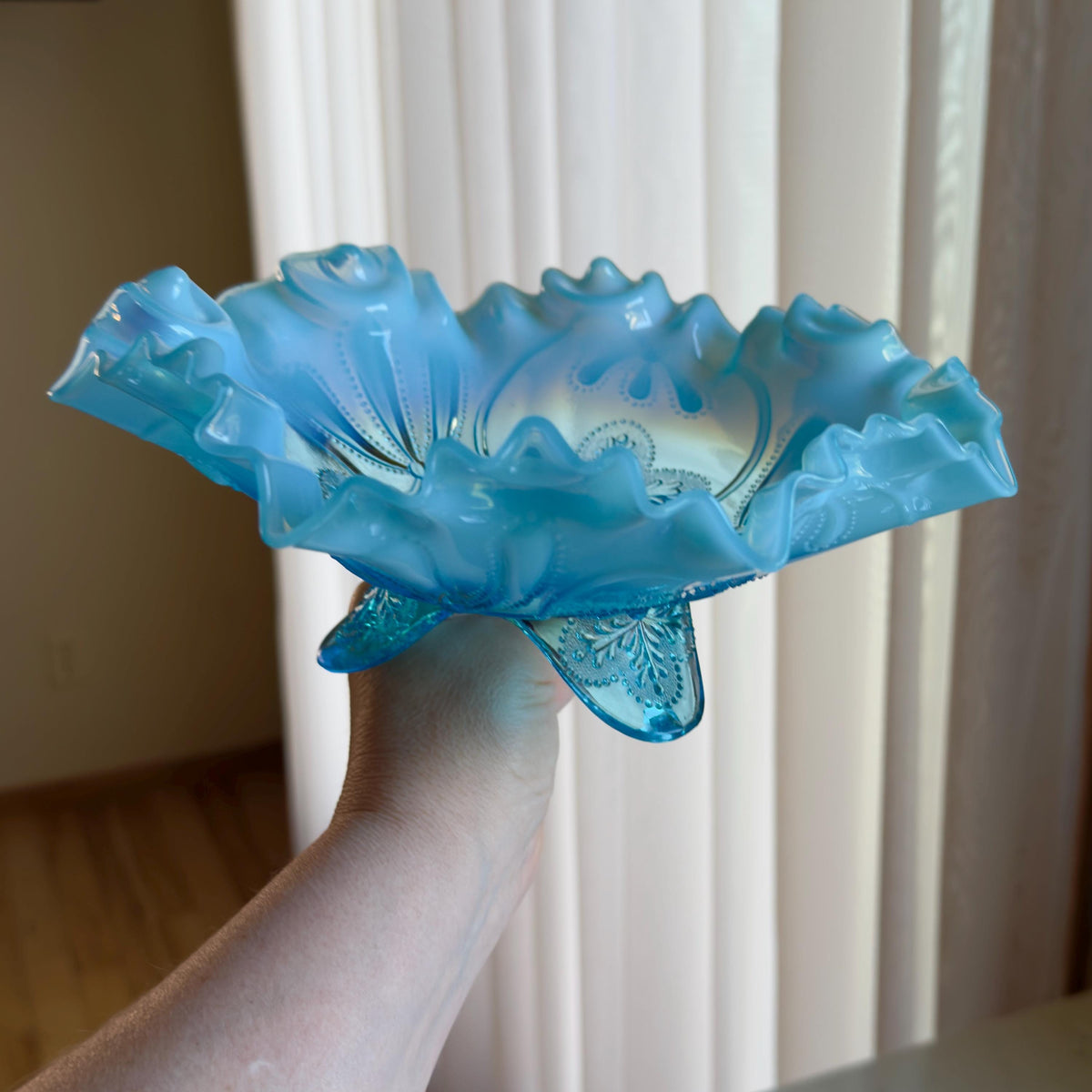 Antique Jefferson Glass Meander Tri-Toed Blue Opalescent Ruffled Bowl (circa 1900 - 1910)