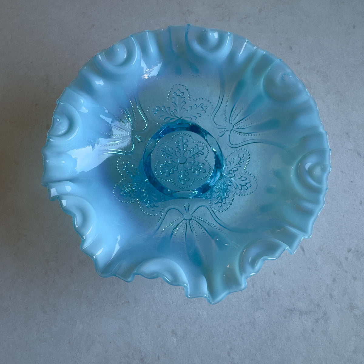 Antique Jefferson Glass Meander Tri-Toed Blue Opalescent Ruffled Bowl (circa 1900 - 1910)