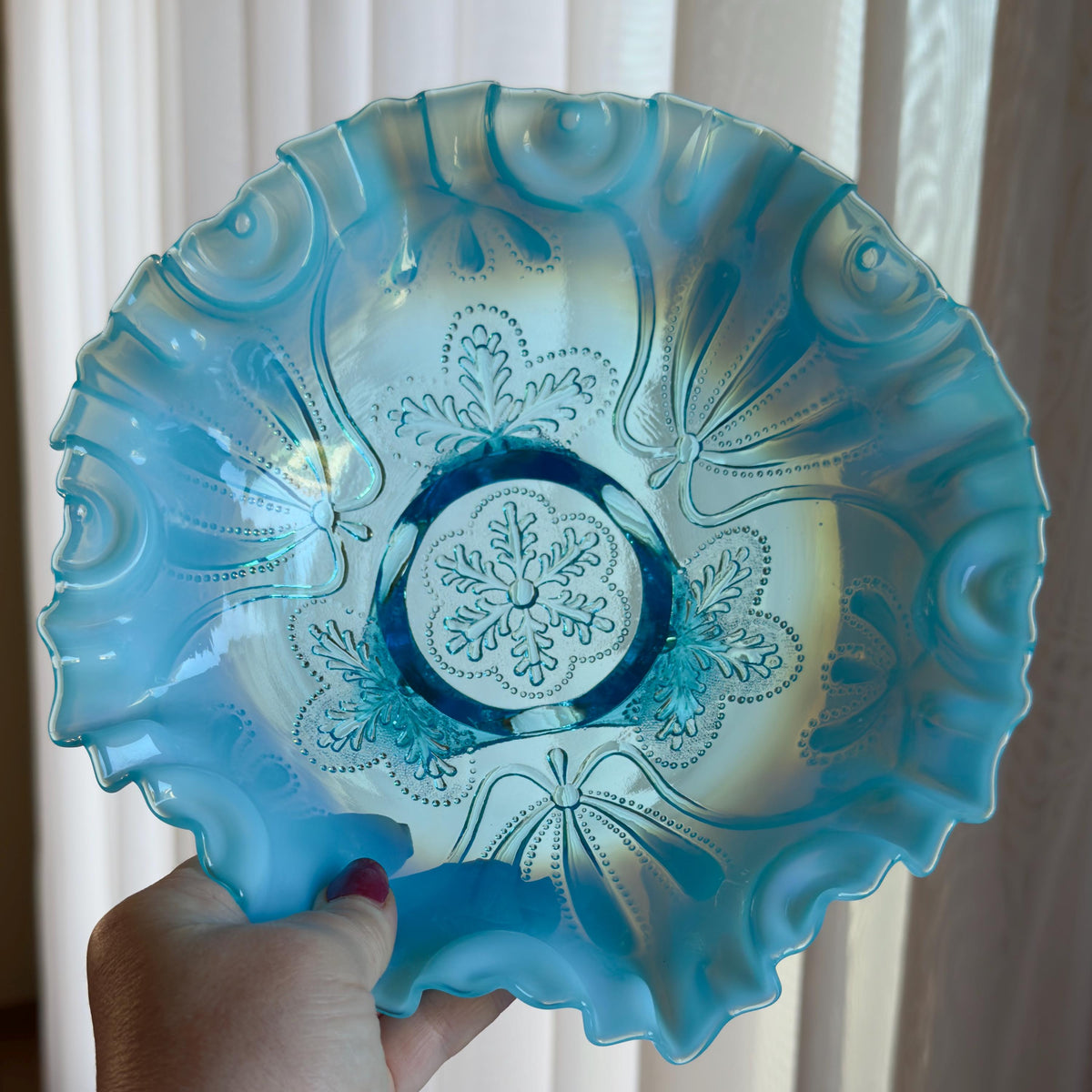 Antique Jefferson Glass Meander Tri-Toed Blue Opalescent Ruffled Bowl (circa 1900 - 1910)