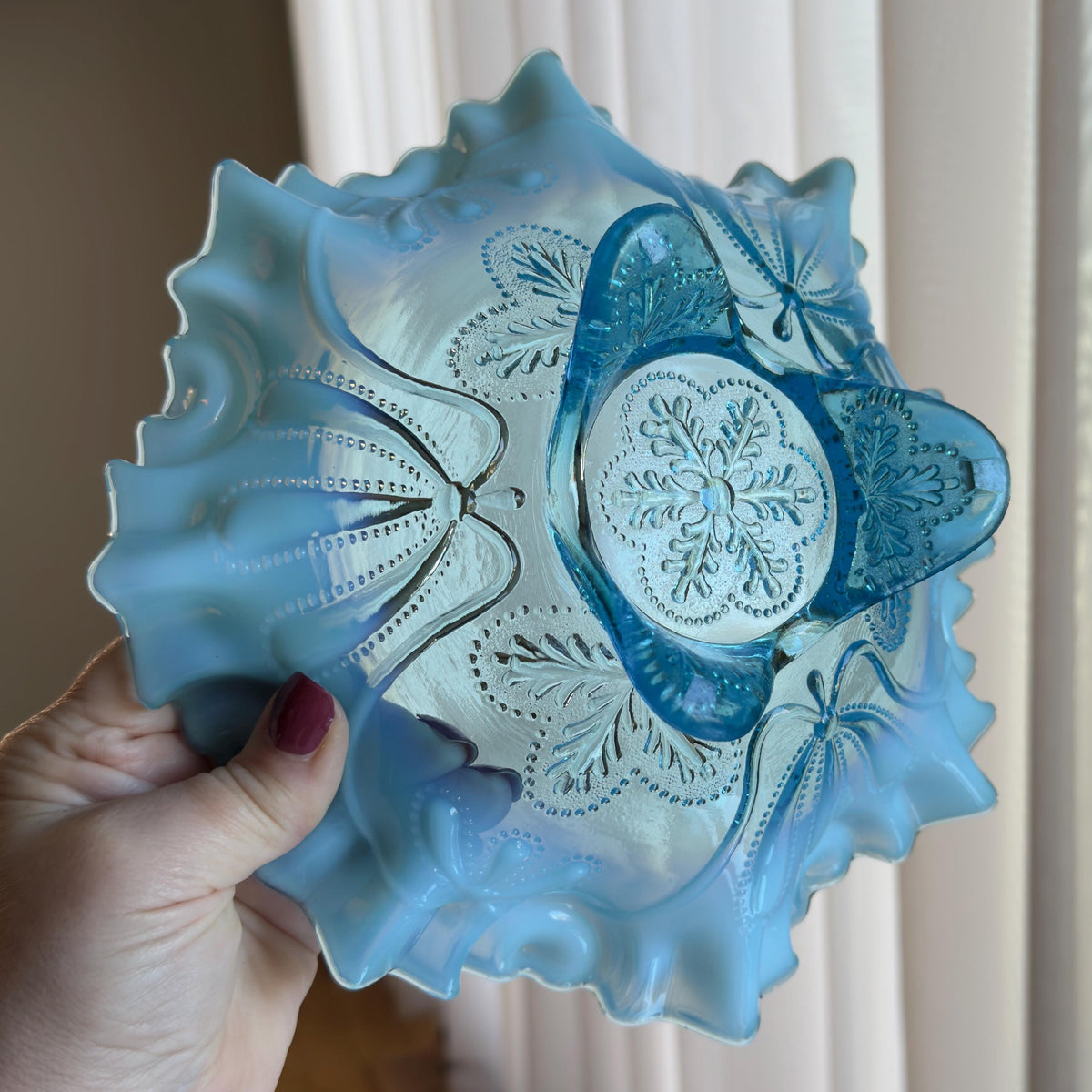 Antique Jefferson Glass Meander Tri-Toed Blue Opalescent Ruffled Bowl (circa 1900 - 1910)