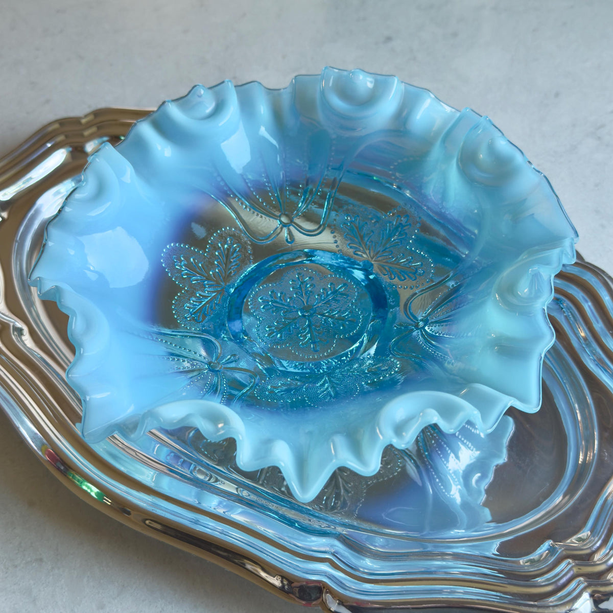 Antique Jefferson Glass Meander Tri-Toed Blue Opalescent Ruffled Bowl (circa 1900 - 1910)