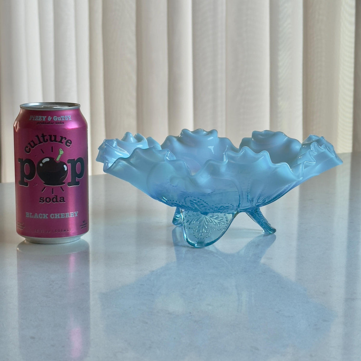 Antique Jefferson Glass Meander Tri-Toed Blue Opalescent Ruffled Bowl (circa 1900 - 1910)