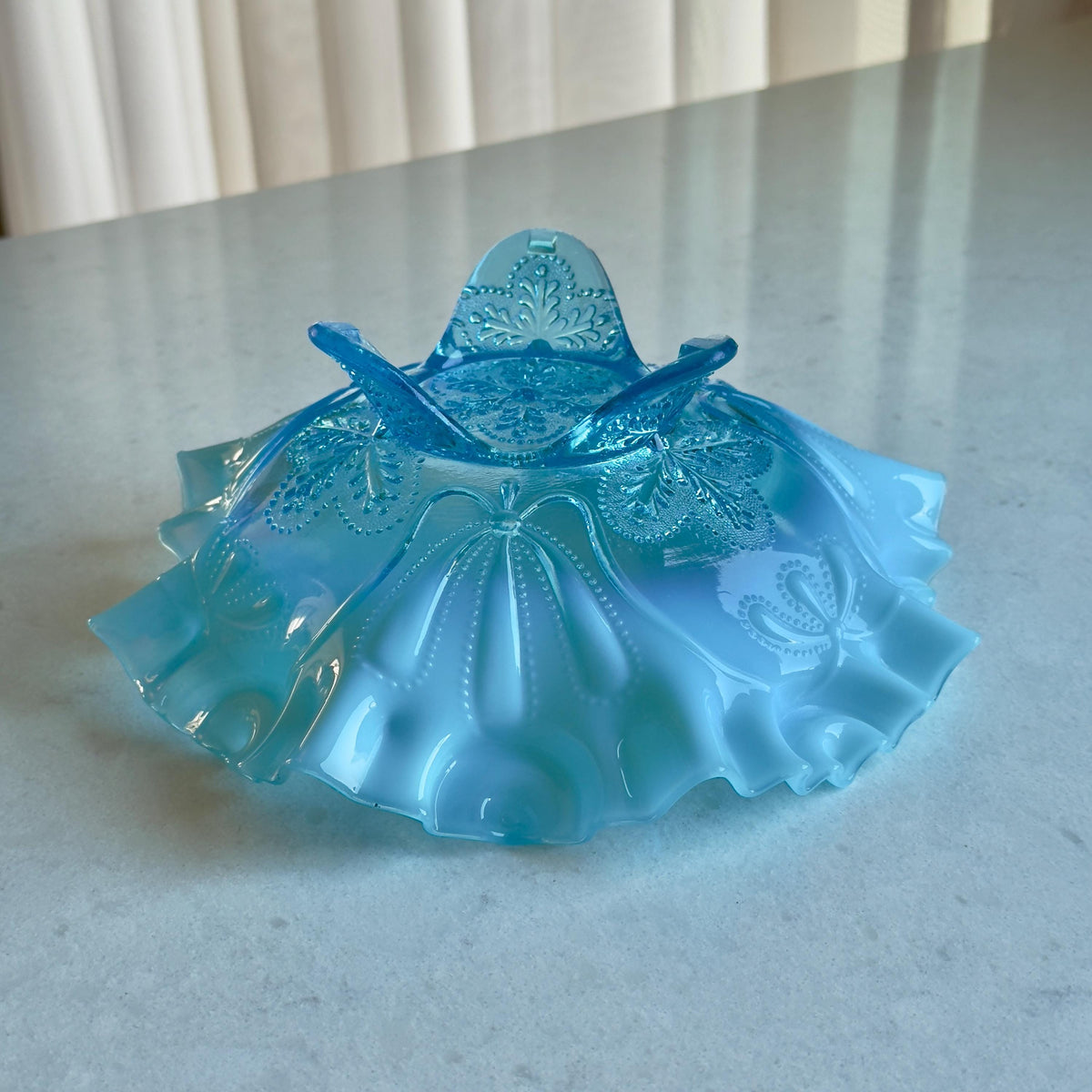 Antique Jefferson Glass Meander Tri-Toed Blue Opalescent Ruffled Bowl (circa 1900 - 1910)