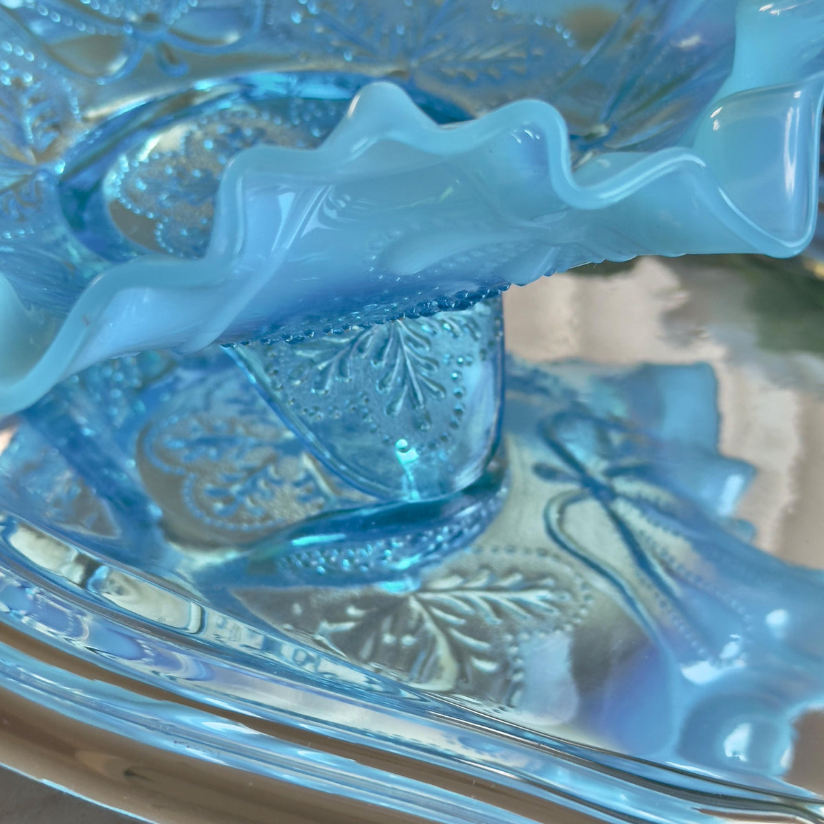 Antique Jefferson Glass Meander Tri-Toed Blue Opalescent Ruffled Bowl (circa 1900 - 1910)