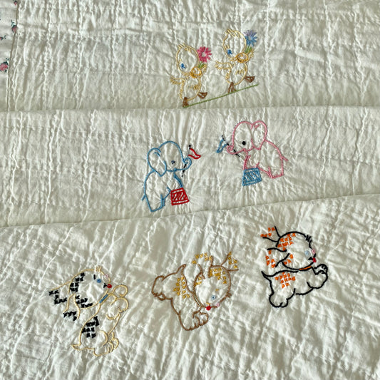 Vintage Hand Embroidered Baby Crib Quilt - Approx. 37 in. X 53 in. - Matching Pillow Case Included