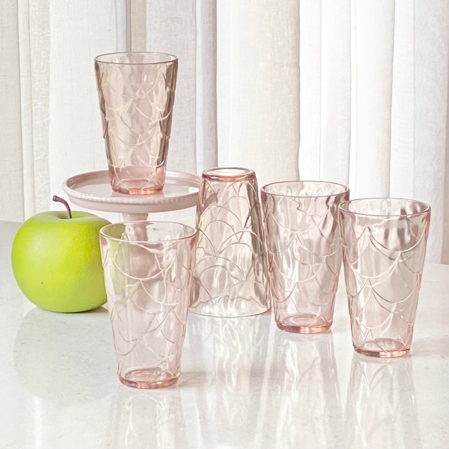 Vintage Pink Scalloped Fish Scale Glasses - Set of 5