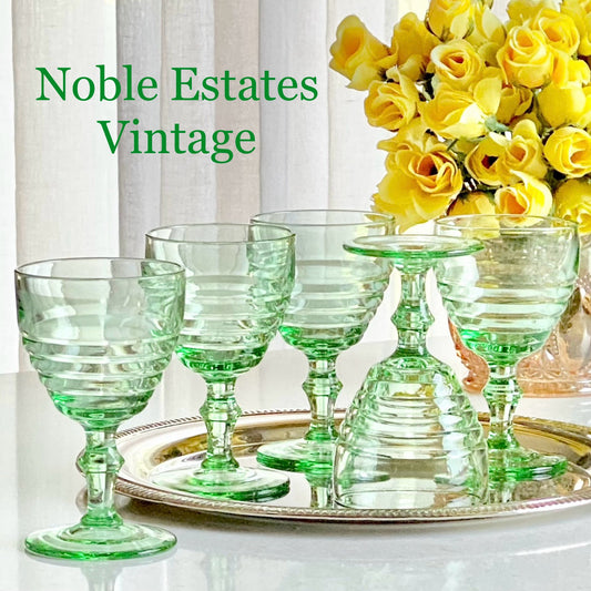 Vintage Ribbed Green Cordial / Liquor Glasses - Set of 5