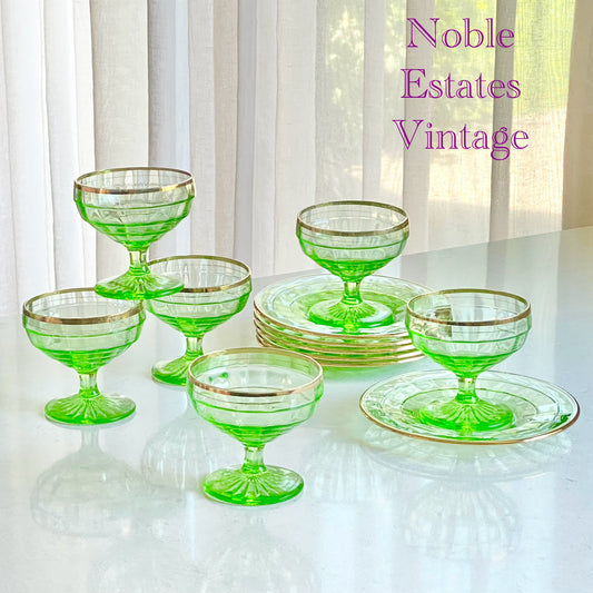 Vintage Anchor Hocking Uranium Green Block Optic Gold Rimmed Champagne Coupes / Sherbet Cups and Plates - 6 Sets