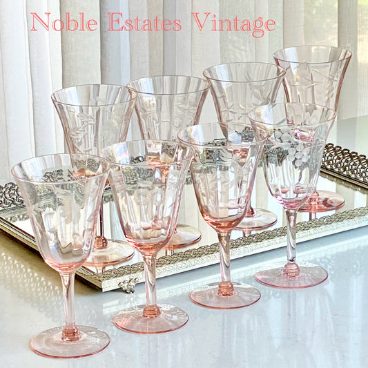 Mixed Set of Eight (8) Vintage Pink Etched Optic Panel Glasses