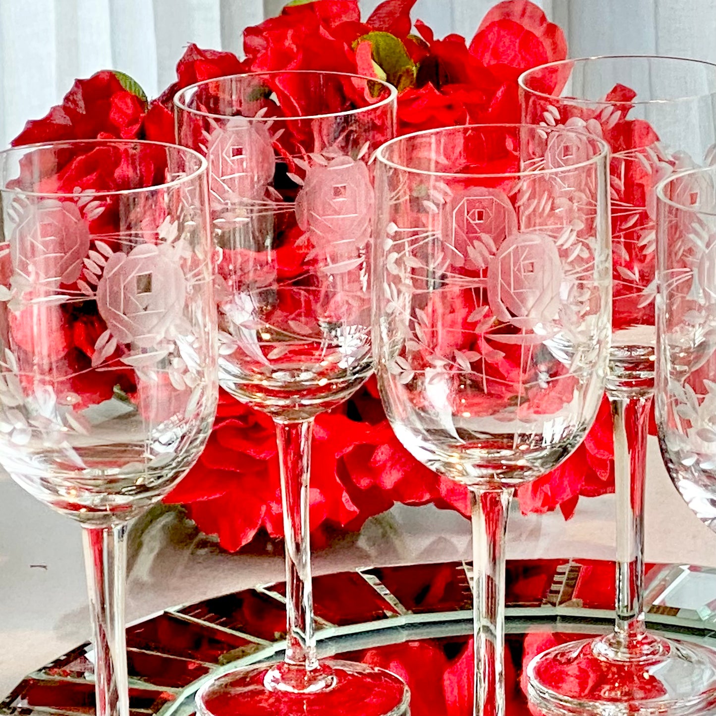 Vintage Crystal Clear Industries Deco Rose Etched Glasses - Set of 6 (Set #GR1)