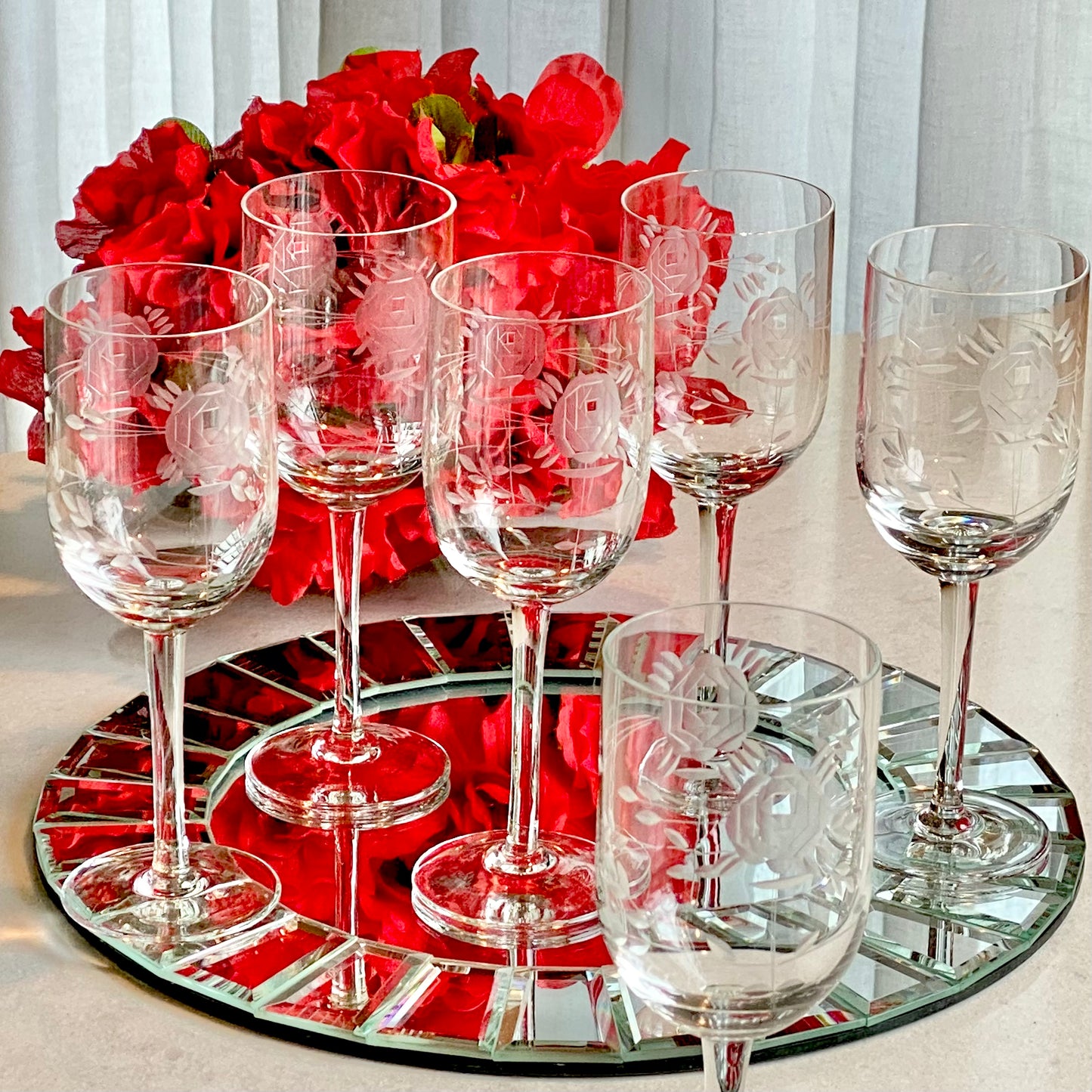 Vintage Crystal Clear Industries Deco Rose Etched Glasses - Set of 6 (Set #GR1)