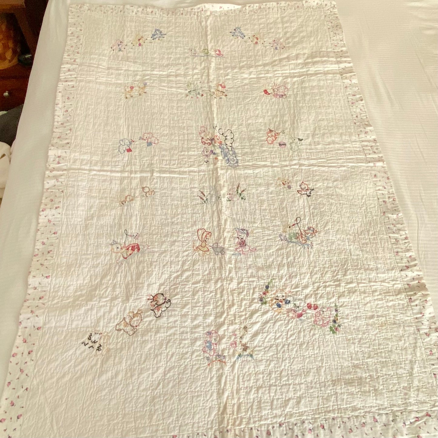 Vintage Hand Embroidered Baby Crib Quilt - Approx. 37 in. X 53 in. - Matching Pillow Case Included