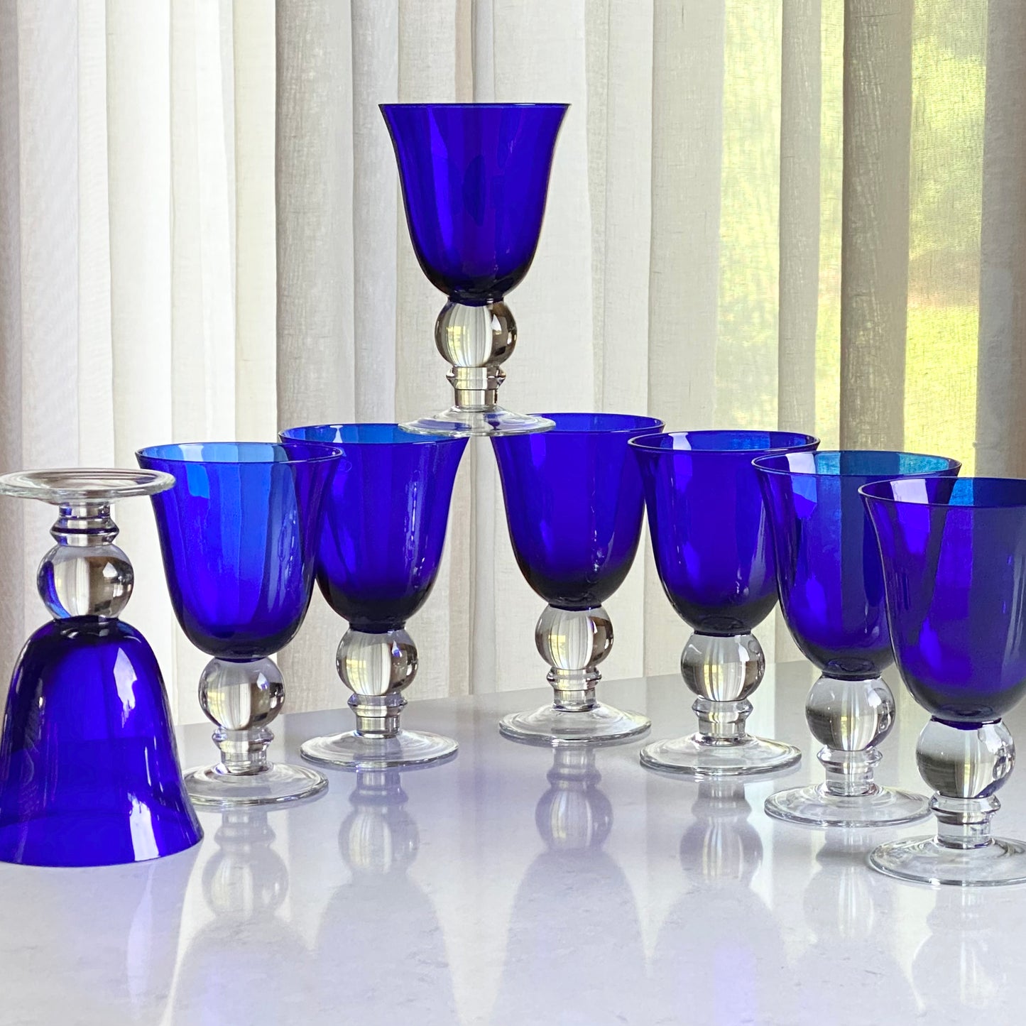 Vintage Cobalt Blue Ball Stem Glasses - Set of 6