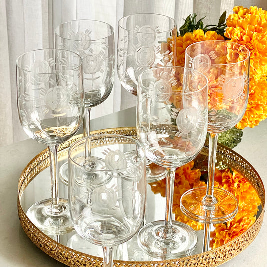 Vintage Crystal Clear Industries Deco Rose Etched  Glasses - Set of 6 (Set #GR2)