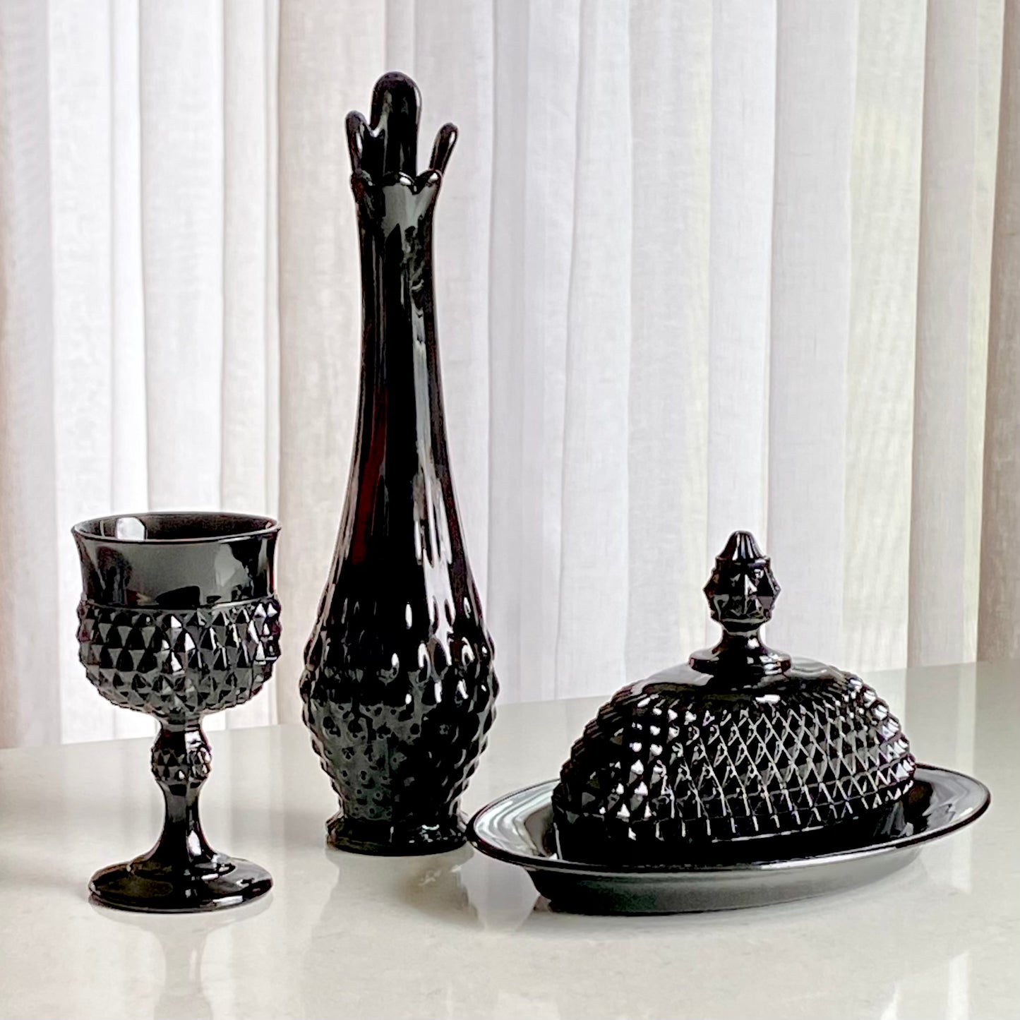 Vintage Indiana Glass Tiara Exclusives Cameo Black Diamond Point Swung Vase (circa 1977)