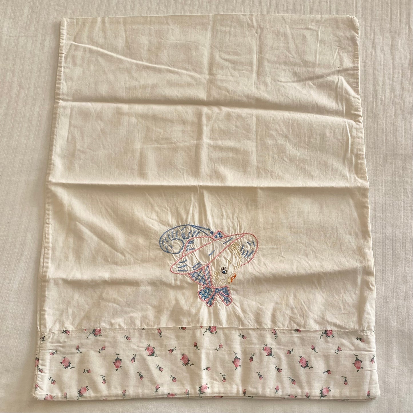 Vintage Hand Embroidered Baby Crib Quilt - Approx. 37 in. X 53 in. - Matching Pillow Case Included