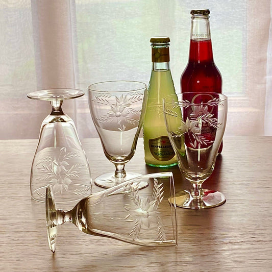 Vintage Footed Etched Glasses - Set of 4
