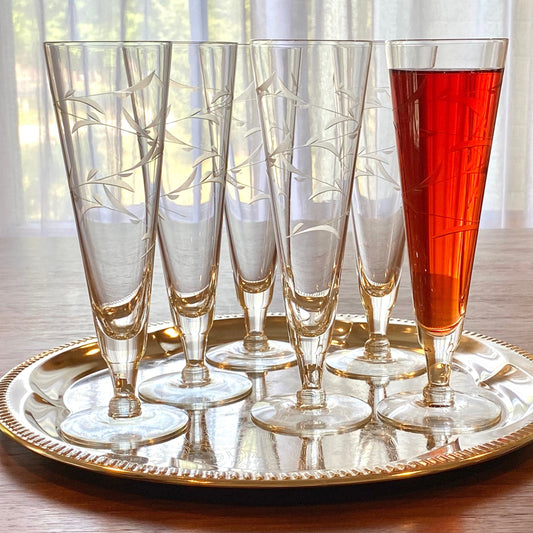 Vintage Etched Tall Footed Tumblers - Set of 6