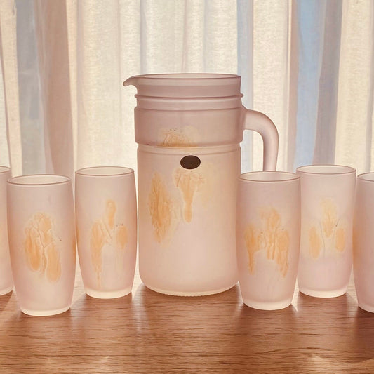 Vintage Hand Painted Frosted Art Glass Pitcher and Six (6) Glasses