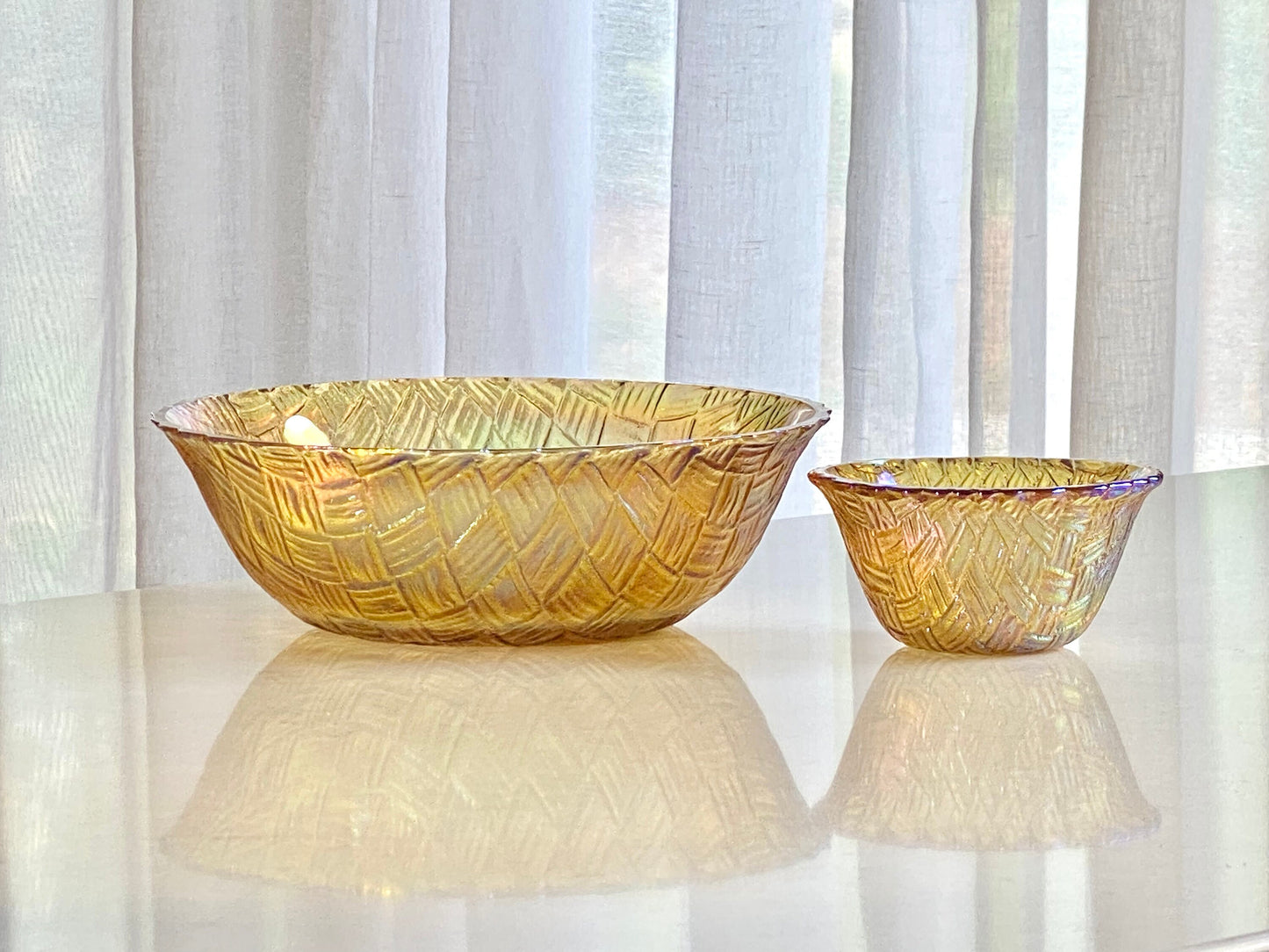 Vintage Carnival Glass Basket Weave Bowls - Set of 2