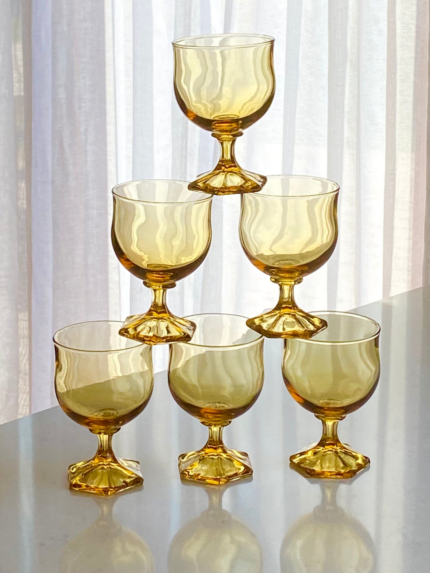 Vintage Anchor Hocking Honey Gold Flair Hexagon Base Glasses - Set of 12