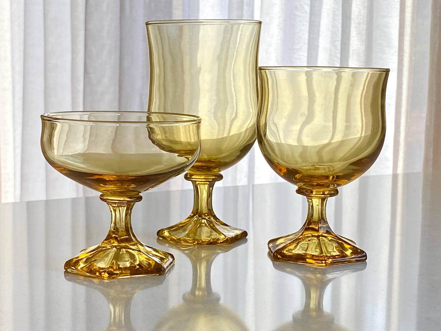 Vintage Anchor Hocking Honey Gold Flair Hexagon Base Glasses - Set of 12