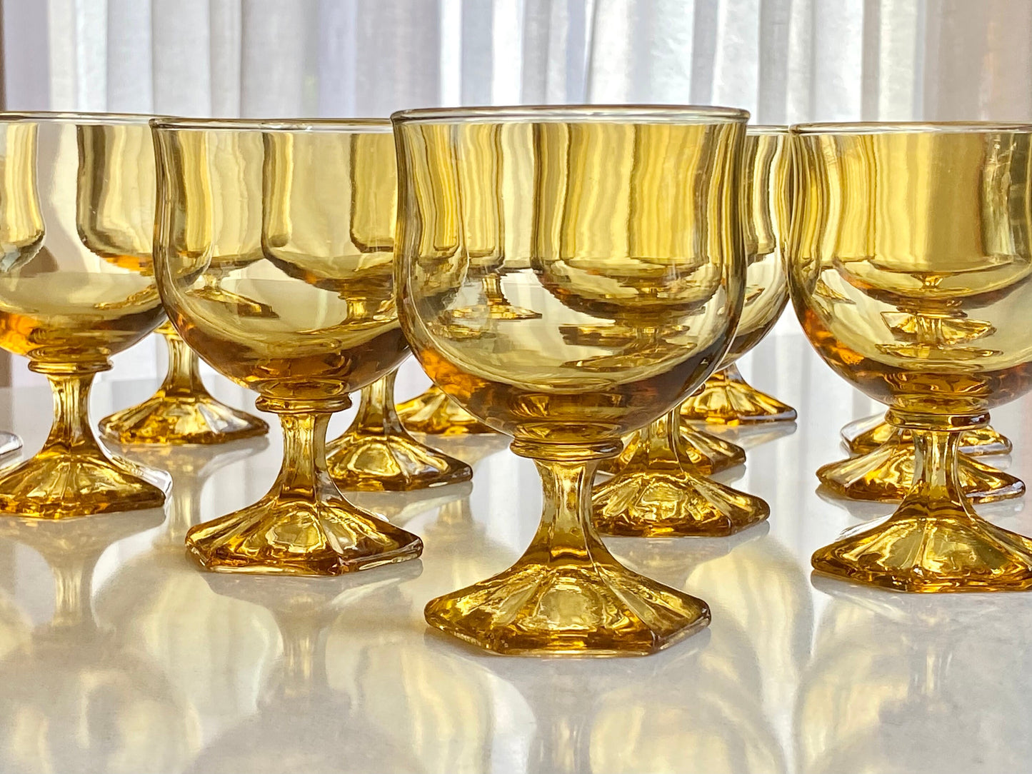 Vintage Anchor Hocking Honey Gold Flair Hexagon Base Glasses - Set of 12