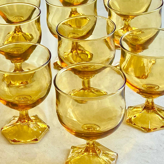 Vintage Anchor Hocking Honey Gold Flair Hexagon Base Glasses - Set of 12