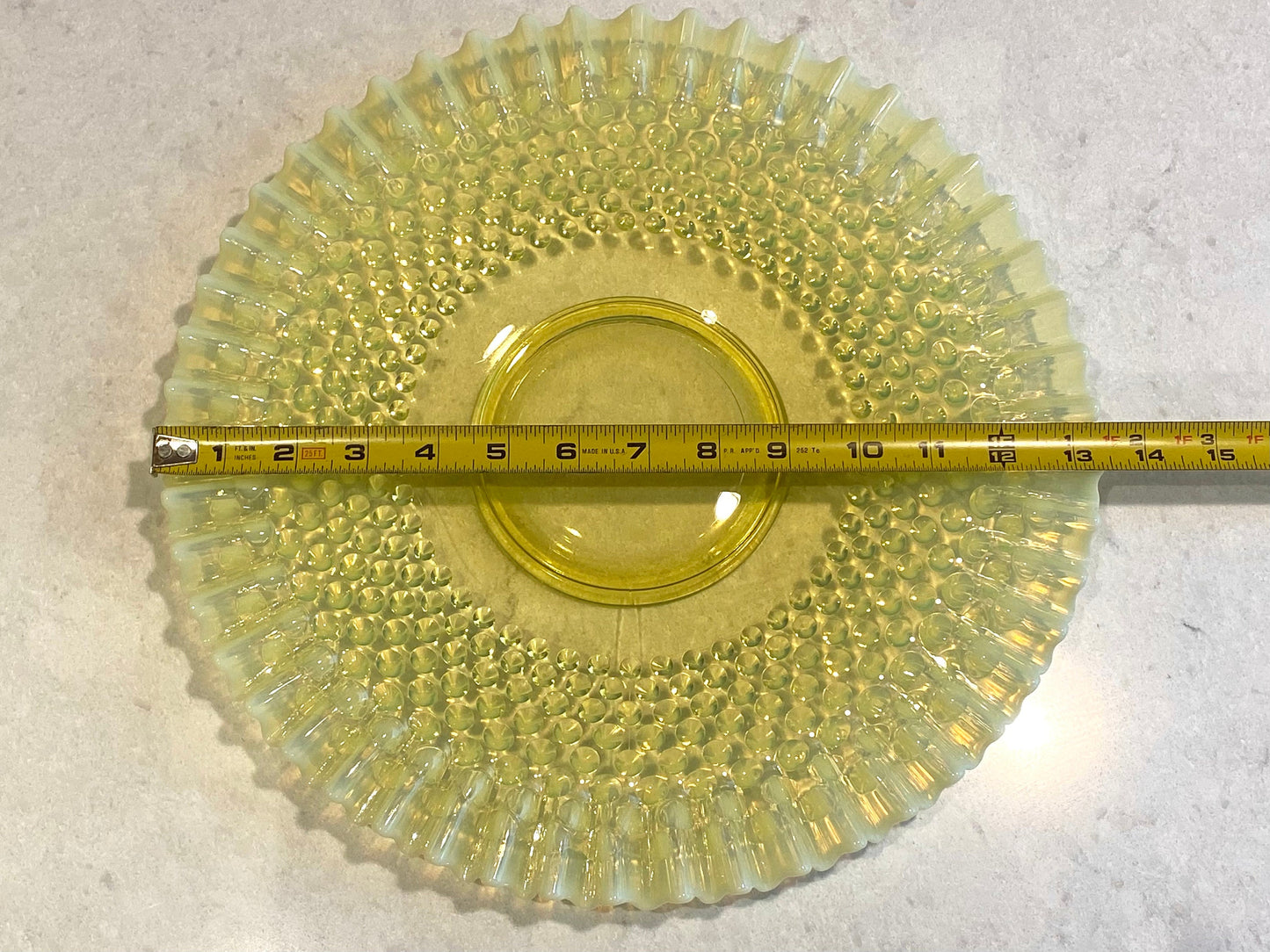 Vintage Fenton Opalescent Vaseline Glass Ruffled Hobnail 13-1/2 inch Platter