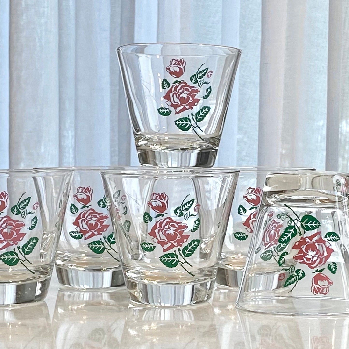 Vintage Retro Rose Glasses - Set of 6