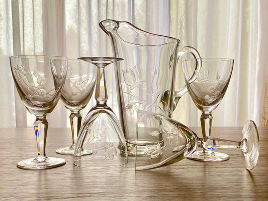 Vintage Etched Pitcher and Five (5) Glasses