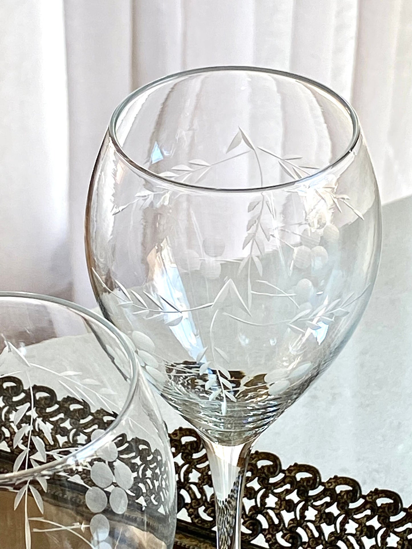 Vintage Etched Decanter and Five (5) Glasses