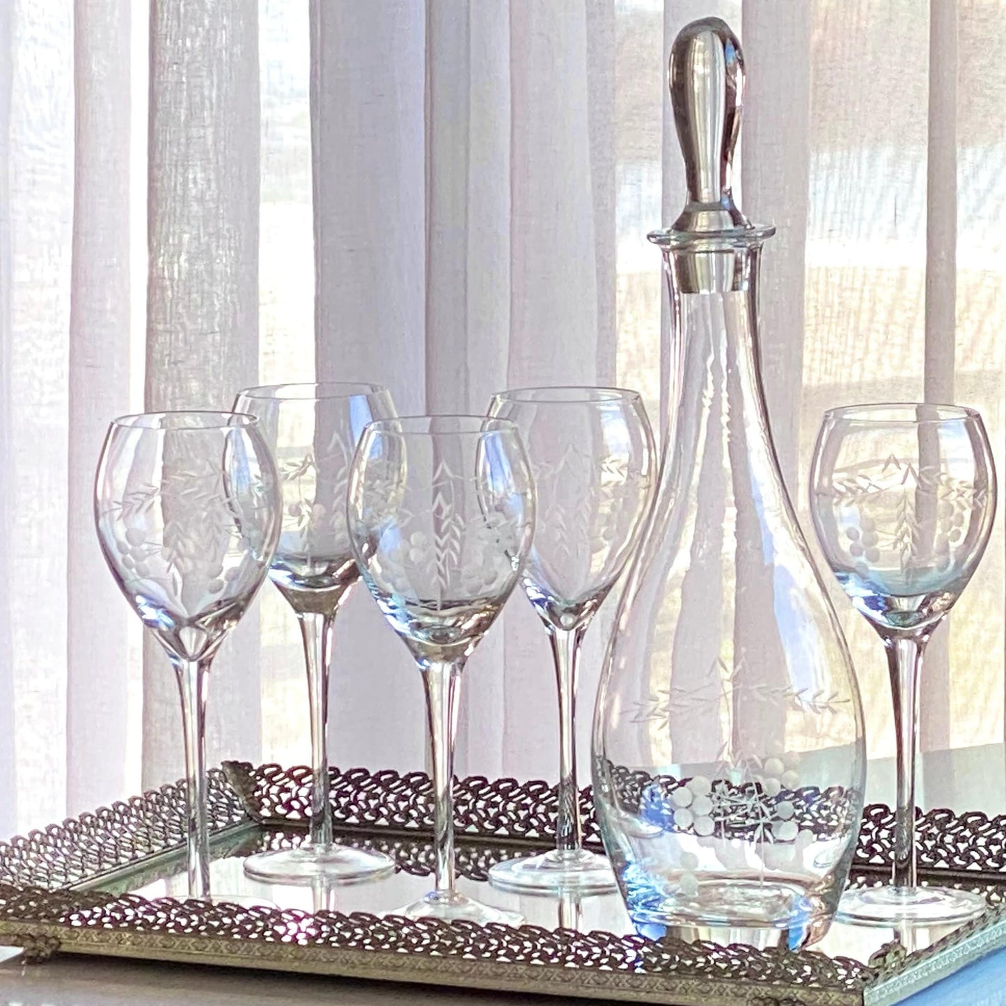 Vintage Etched Decanter and Five (5) Glasses