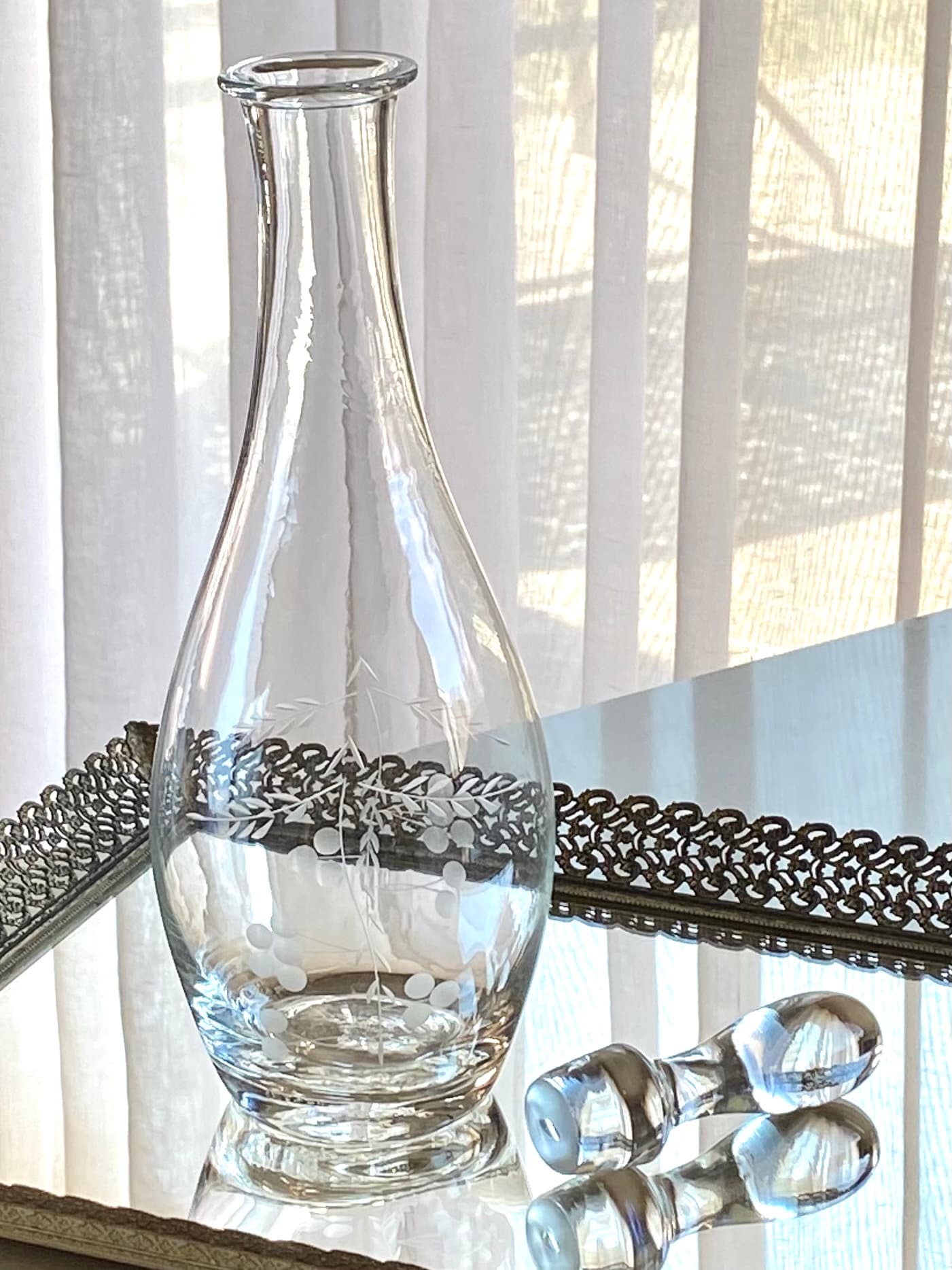 Vintage Etched Decanter and Five (5) Glasses