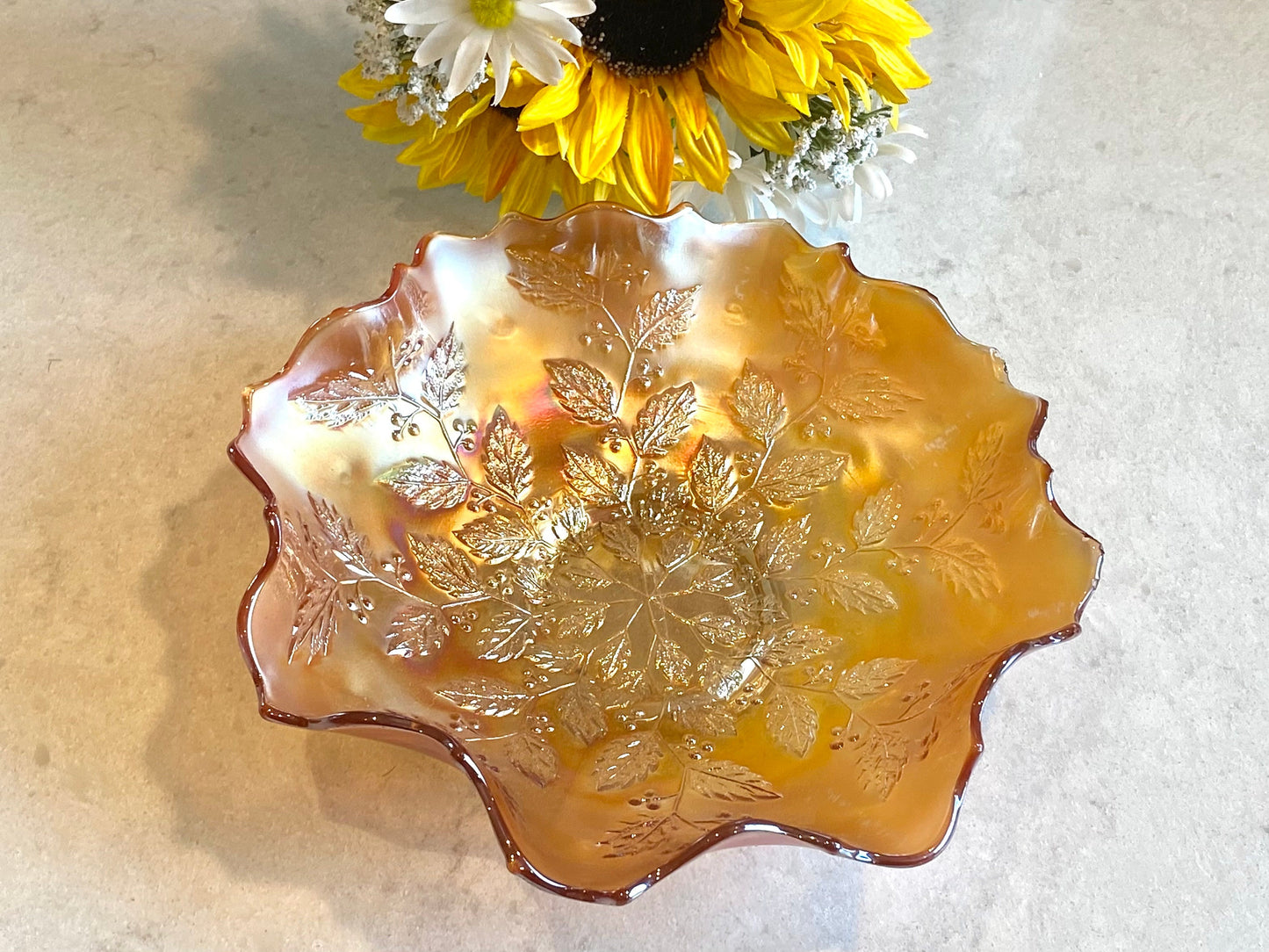 Vintage Fenton Holly and Berries Marigold Carnival Glass Bowl