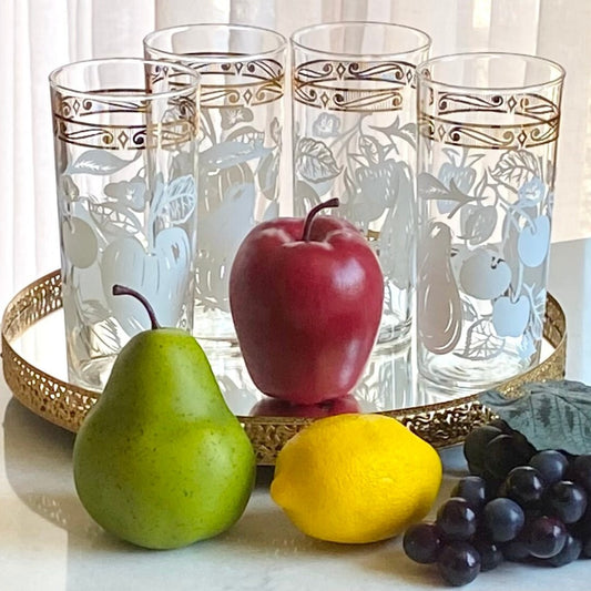 Vintage Federal Glass White and Gold Fruit Motif Tumblers - Set of 4